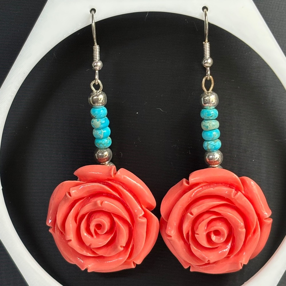 Vintage Coral Pink Resin Rose Turquoise Bead Drop Earrings